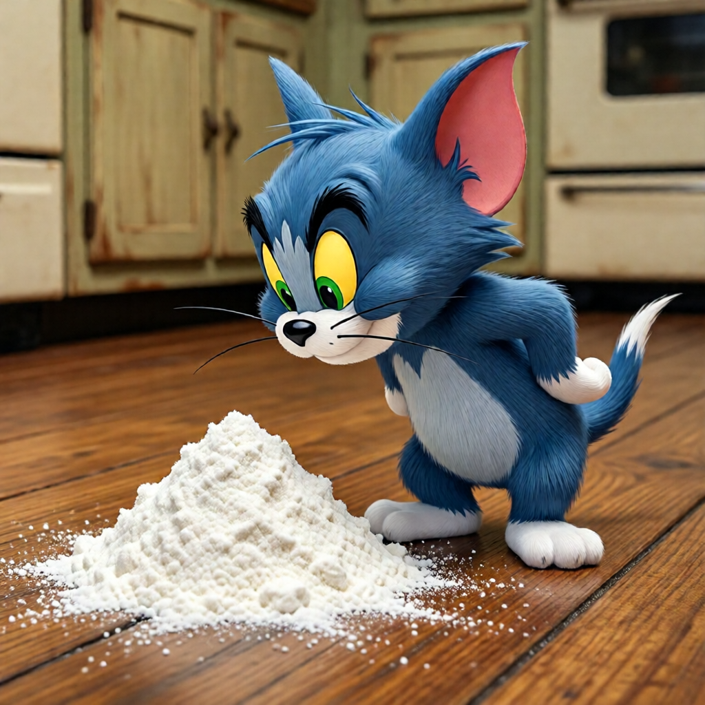 Креативная мультяшная сцена в стиле Tom & Jerry: мышь Тиффи с любопытством нюхает кучку белого порошка на деревянном полу кухни