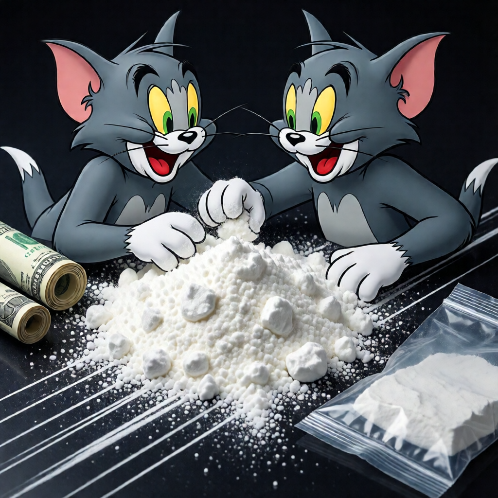 Сцена в стиле мультфильма Tom & Jerry: персонаж Meathead взаимодействует с белым порошкообразным веществом (кокаином) на темном фоне, видны характерные полоски и прозрачные пакеты