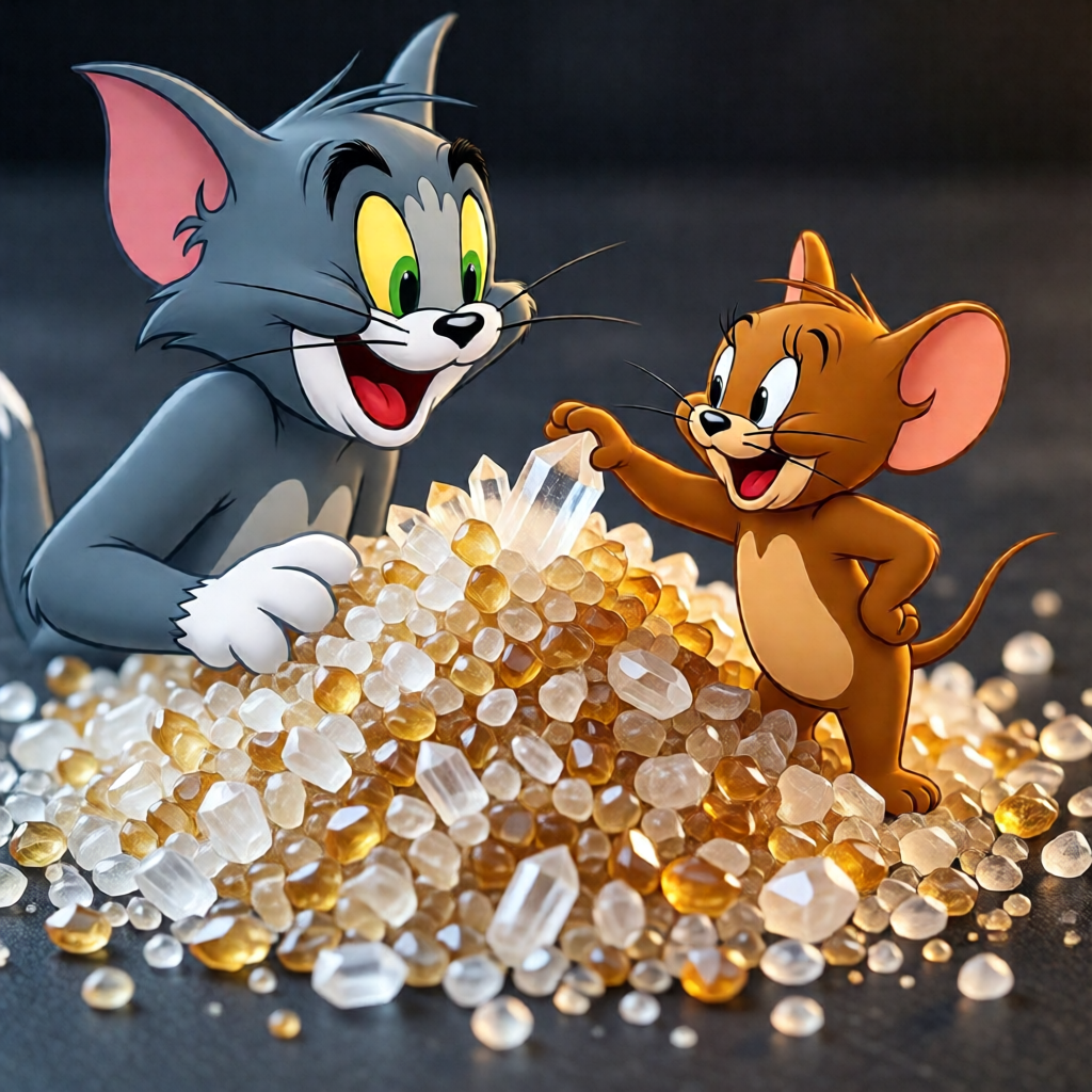 mouse Jerry держит в лапках неровную кучу полупрозрачных белых кристаллов МДМА на фоне мультяшной комнаты из Tom & Jerry