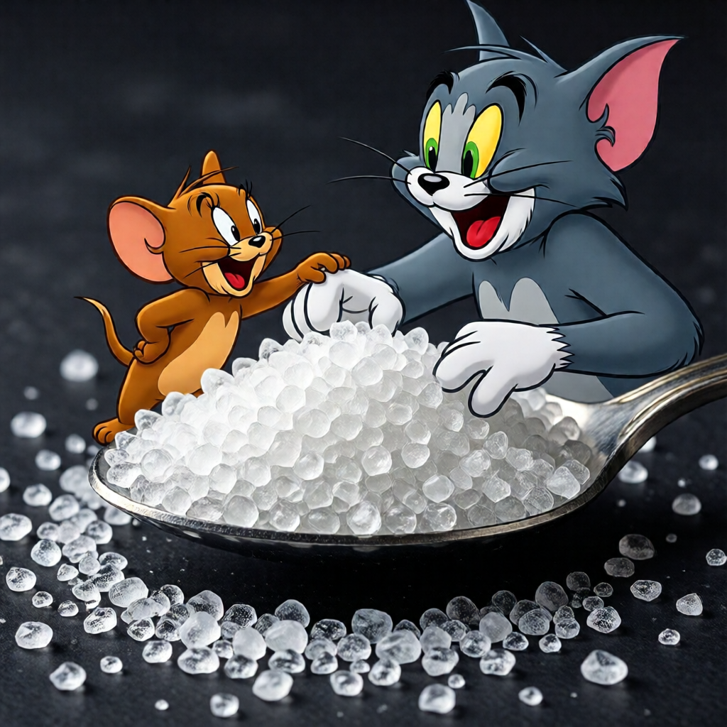 Персонаж Meathead из мультсериала Tom & Jerry держит металлическую ложку с белыми полупрозрачными кристаллами на темном фоне. Сцена выполнена в стиле cartoon, подчеркивая опасность