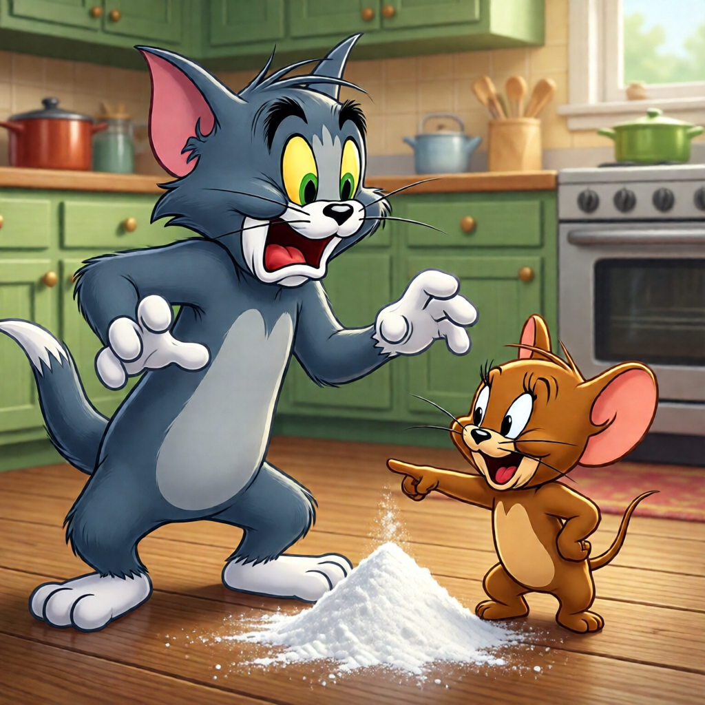 Карикатурная сцена в стиле мультфильма Tom & Jerry: кот Том испуганно отшатывается, а мышь Джерри хитро улыбается рядом с кучей белого порошка на полу