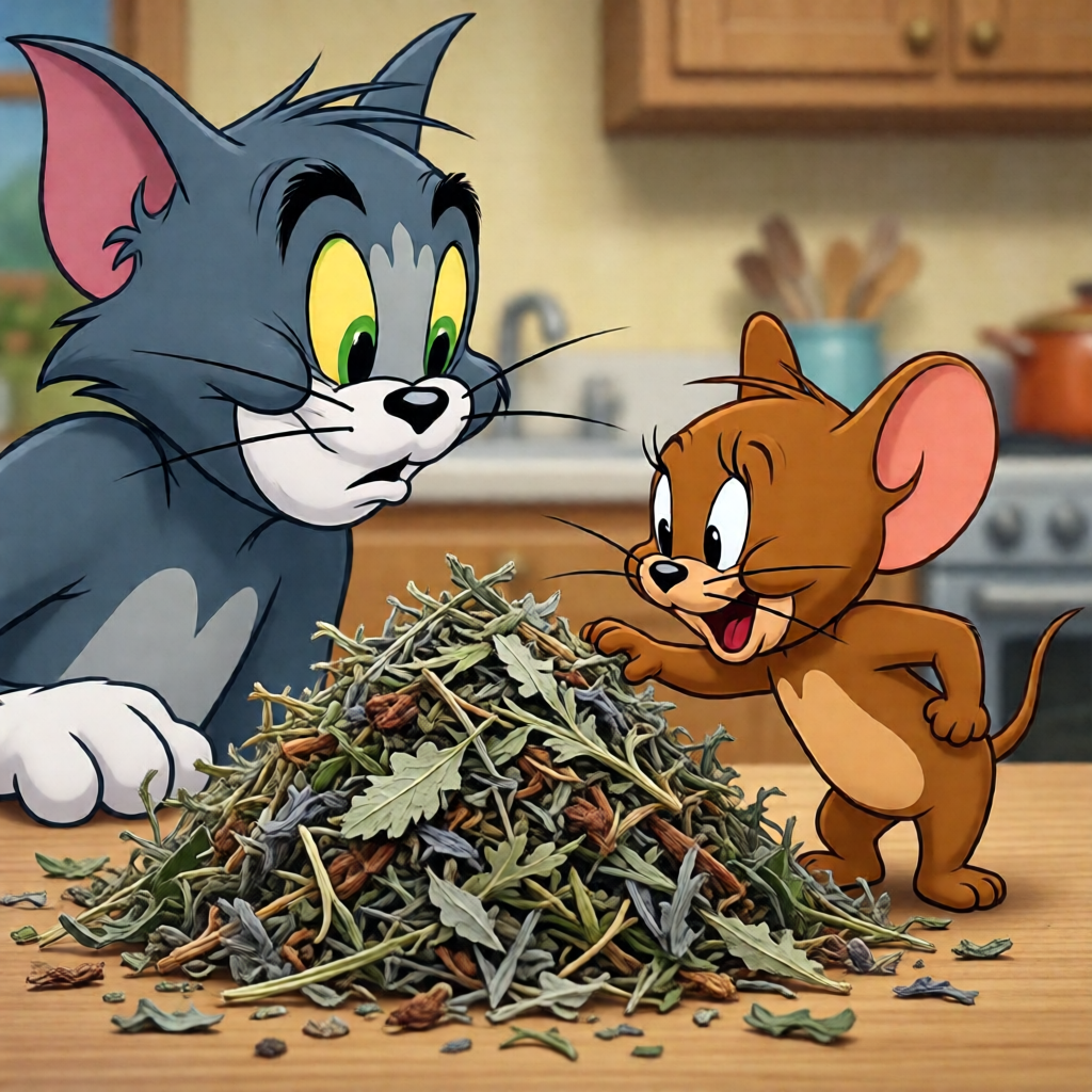 Сцена в стиле мультфильма Tom & Jerry: Кот Том подозрительно смотрит на кучку измельченного растительного сырья (трим), а мышь Джерри внимательно его рассматривает. Фон стилизован,