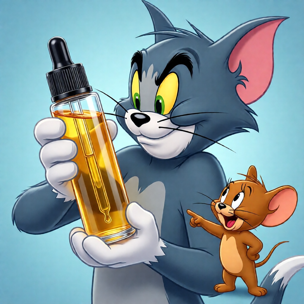 Сцена в стиле классического мультфильма Tom & Jerry: Кот Том подозрительно рассматривает прозрачный цилиндрический флакон с янтарной жидкостью и пипеткой, а мышь Джерри наблюдает с